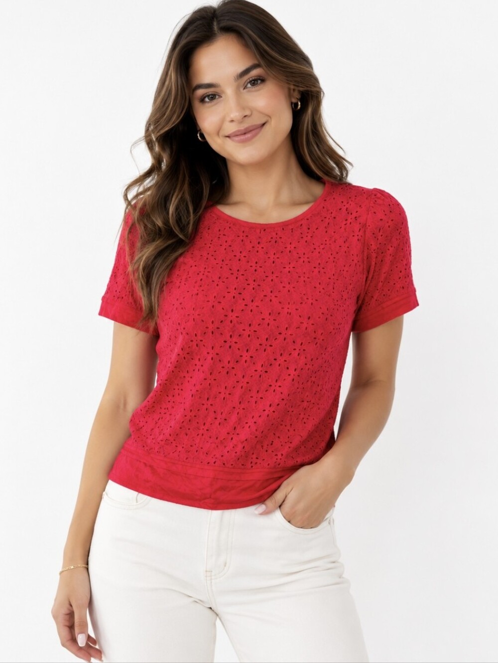 Market & Spruce Red Eyelet Short-Sleeve Knit Top